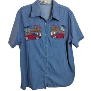 4455)Vtg Passion Short Sleeve Denim Shirt Route 66 Car Embroidery Button Up 1X